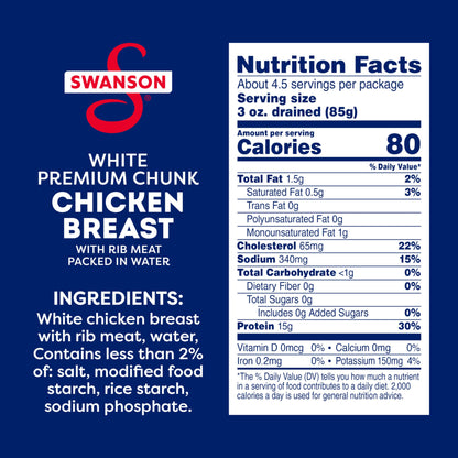 Swanson White Premium Chunk Chicken Breast with Rib Meat in Water, 12.5 oz. (Pack of 2)