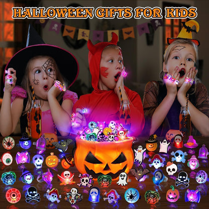 Coluans Halloween Party Favors for Kids Adults 50Pcs Gifts Halloween Treats LED Light Up Rings Flash Rings Glow In The Dark Party Supplies Goodie Non Candy Bag Filler Prizes Decorations NEW VERSION