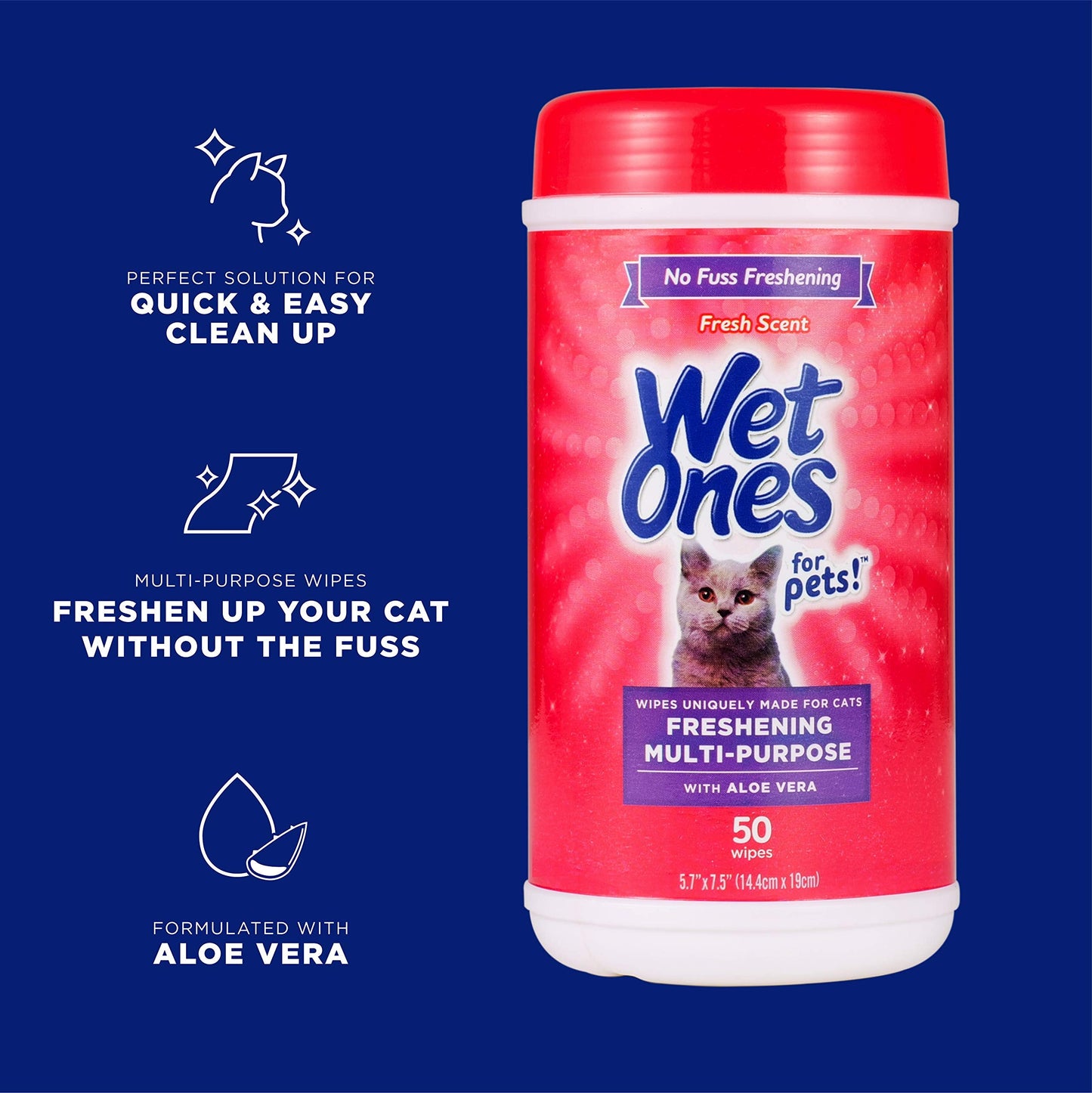 Wet Ones for Pets Freshening Multipurpose Wipes for Cats with Aloe Vera, Fresh Scent - Easy to Use Cat Cleaning Wipes for Pet Grooming in Canister, 50 Count