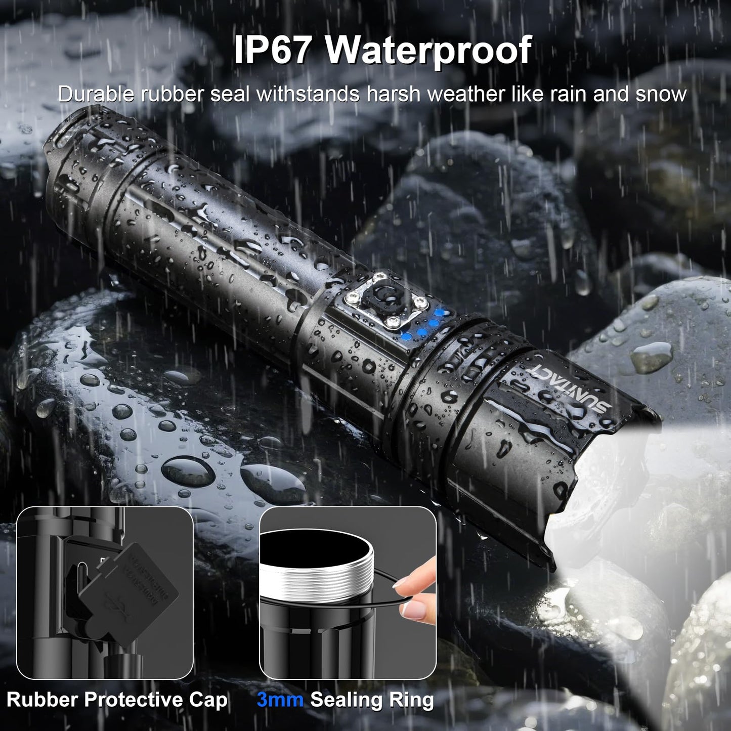 Sunitact Flashlights High Lumens, Rechargeable Flashlight Led 2000 Lumen XHP70.2, Super Bright Flash Light, High Powered Handheld Flashlights for Emergency Camping Gift, IP67 Waterproof, Adjustable