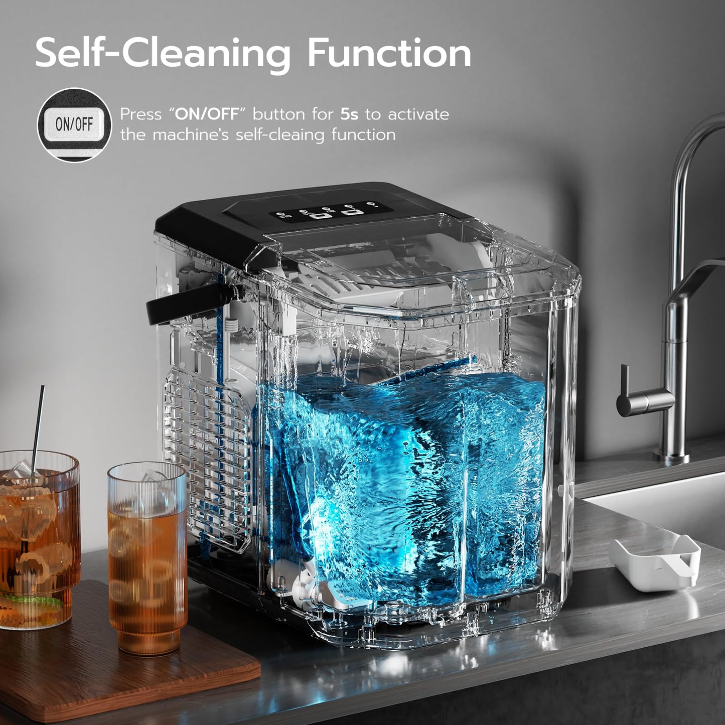 ZAFRO Countertop Ice Maker, 26.5Lbs/24H, 9 Bullet Cubes in 6 Mins, Self-Cleaning Portable Ice Machine with 2 Ice Sizes (S/L), Quiet Compact Design, Double Handles, for Home, Party, RV, Camping, Black