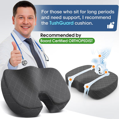 TushGuard Seat Cushion - Memory Foam Cushion for Office Chair, Car Seat, Airplane, Bleacher - Sciatica & Hip & Coccyx Pain Relief Desk Chair Cushion for Long Sitting Office Workers, Car Drivers