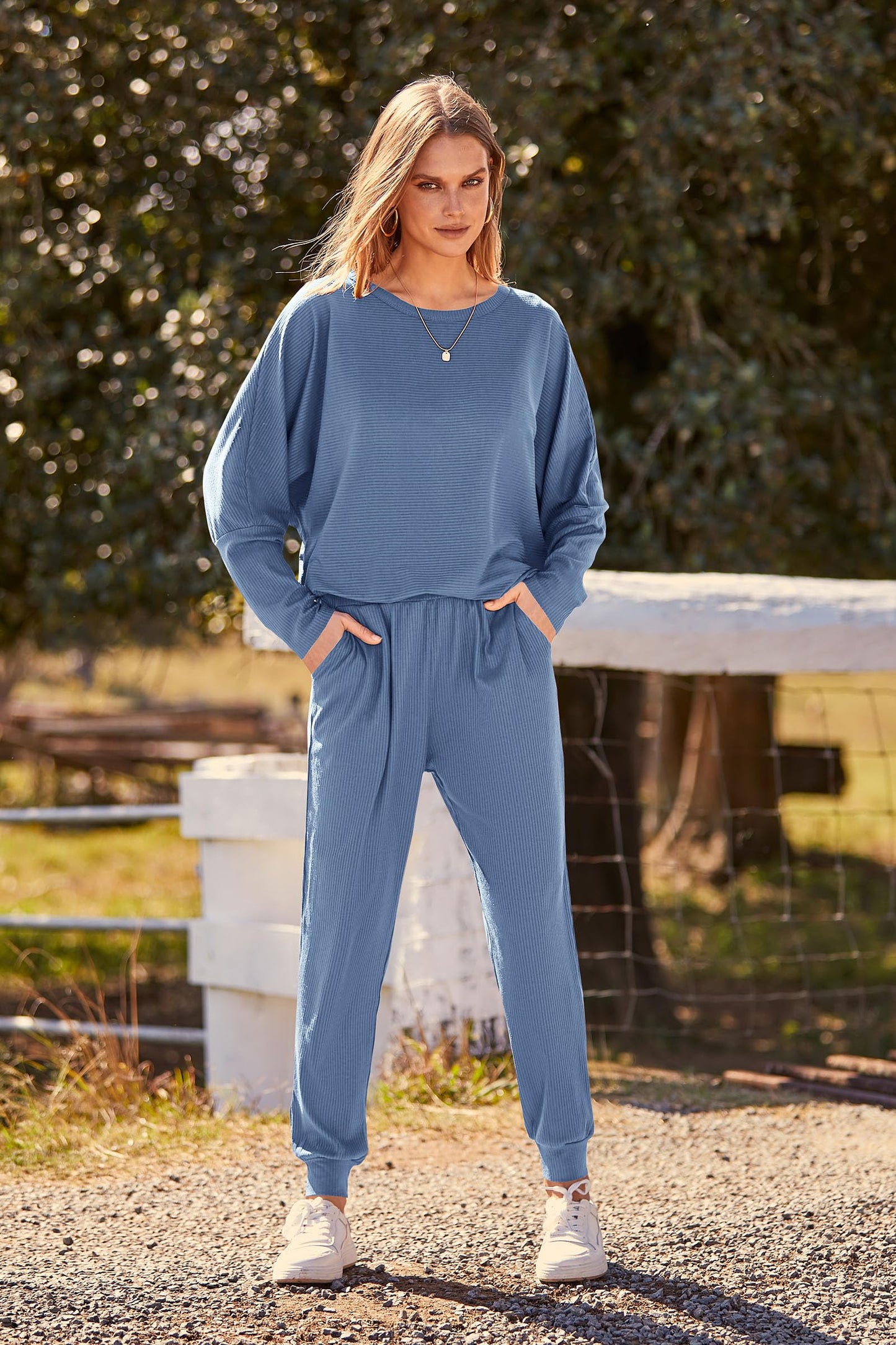 PRETTYGARDEN Women's Fall 2 Piece Lounge Set Long Sleeve Tops Ribbed Pants Spring Matching Sweatsuit Travel Outfits Clothes (Light Blue,Small)