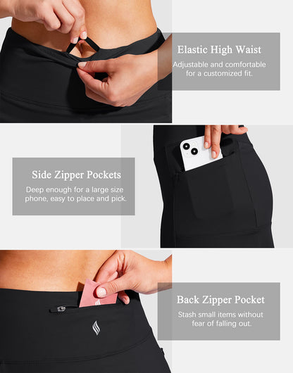 SANTINY High Waist Zipper Pocket Knee Length Athletic Skort for Women Golf Tennis Black L