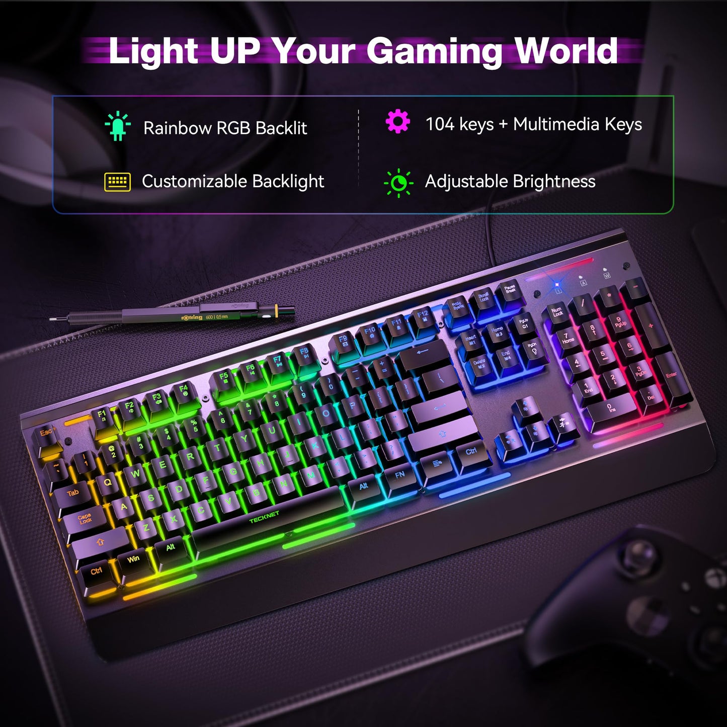 TECKNET Gaming Keyboard, USB Wired Computer Keyboard, 15-Zone RGB Illumination, IP32 Water Resistance, 25 Anti-ghosting Keys, All-Metal Panel (Whisper Quiet Gaming Switch)