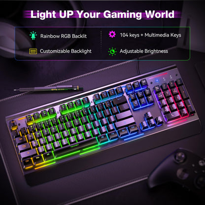 TECKNET Gaming Keyboard, USB Wired Computer Keyboard, 15-Zone RGB Illumination, IP32 Water Resistance, 25 Anti-ghosting Keys, All-Metal Panel (Whisper Quiet Gaming Switch)