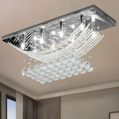 Silver Rectangle Crystal Raindrop Chandelier for Living Room, 8 Lights Modern Flush Mount Crystal Ceiling Light Fixture Pendant Lamp for Kitchen Island, Dining Room, Closet, Wedding Decor of CRYSTOP