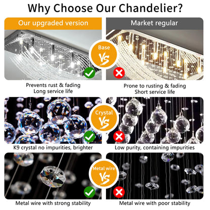 Silver Rectangle Crystal Raindrop Chandelier for Living Room, 8 Lights Modern Flush Mount Crystal Ceiling Light Fixture Pendant Lamp for Kitchen Island, Dining Room, Closet, Wedding Decor of CRYSTOP