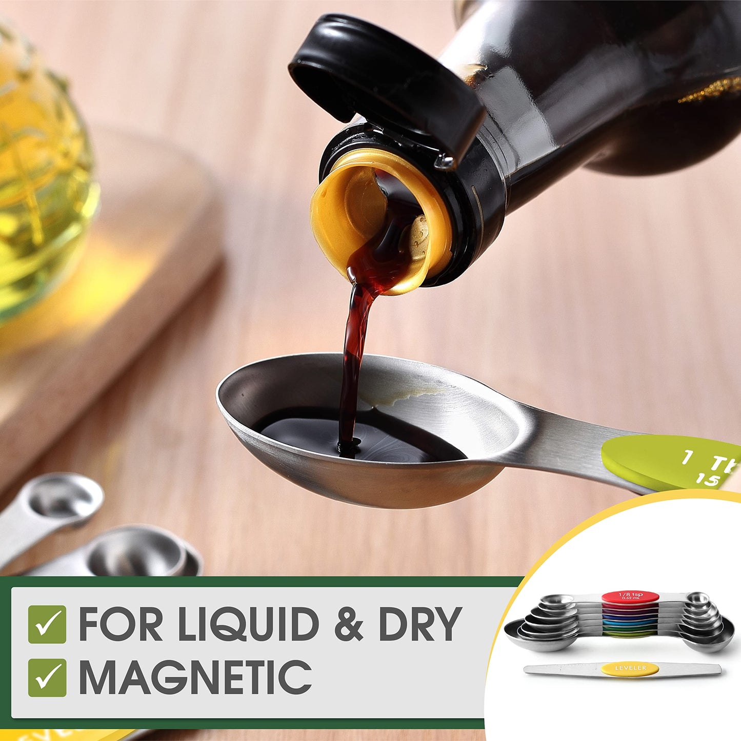 Spring Chef Stainless Steel Magnetic Measuring Spoons Set with Strong Magnets, Heavy Duty Metal Kitchen Essentials - Fits in Most Kitchen Spice Jars, Multicolor, Set of 8 with Leveler