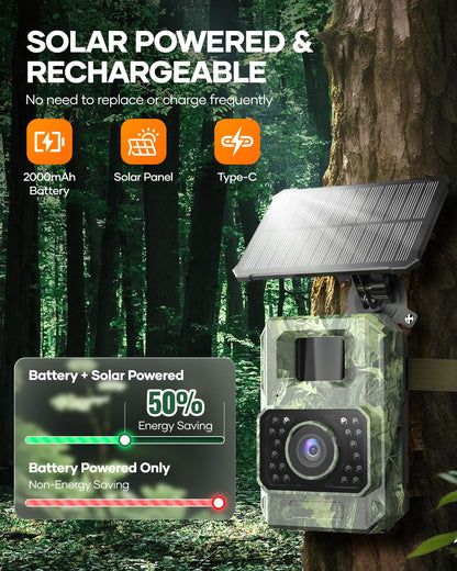 Assark Solar Trail Camera 48MP 30FPS, WiFi Bluetooth Game Camera with Motion Activated 0.2s Trigger, Night Vision Motion Activated IP66 Waterproof for Wildlife Scouting with 32GB Micro SD Card