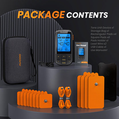 AVCOO 3-in-1 TENS Unit with 32 Modes, Dual Channel EMS Muscle Stimulator with 40 Intensities for Gradual Pain Relief Therapy, Rechargeable Electronic Pulse Massager with 12 Electrode Pads, EVA Case