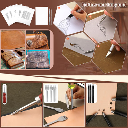 QMNNMA 102PCS Leather Working Tools Leather Tool Kit with Custom Storage Bag, Leather Carving Tools Leather Working Kit for Sewing Carving Cutting Punching Stamping