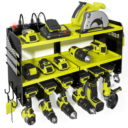 Spampur Power Tool Organizer, 15 Min Quick Assembly & Max 420lb load by Heavy Duty Metal, 6 Slots for Cordless Drill with 4 Outlet Power Strip in Garage/Workshop/Suitable for Thanksgiving/Christmas