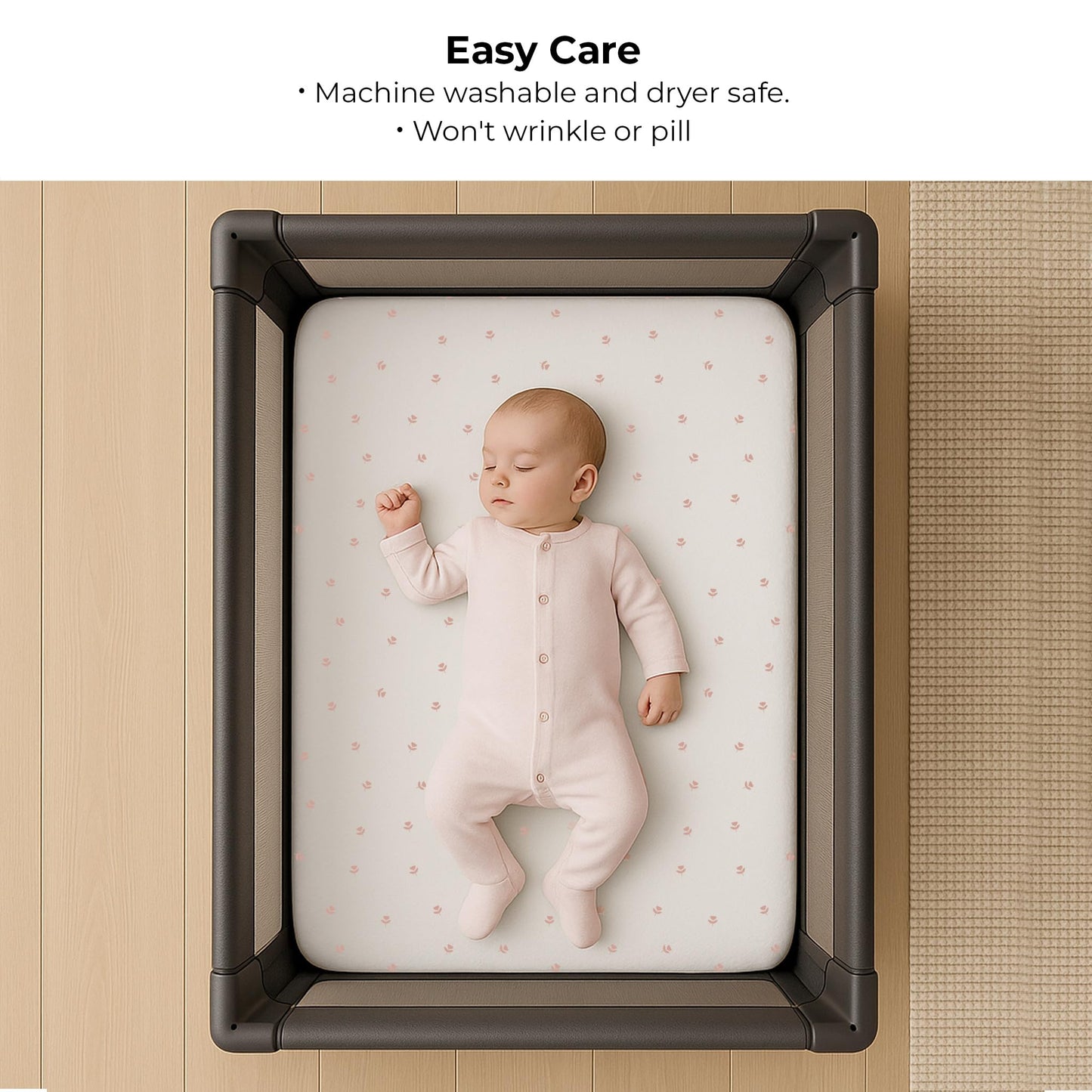 Ely’s & Co. Pack and Play Sheets, for Mini/Portable Crib, 2 Pack Fitted Playpen Play Yard Sheet Set Compatible with Graco Pack n Play, for Baby Girls, 100% Cotton, Pink Tulips and Stripes, 38”x24”x5”