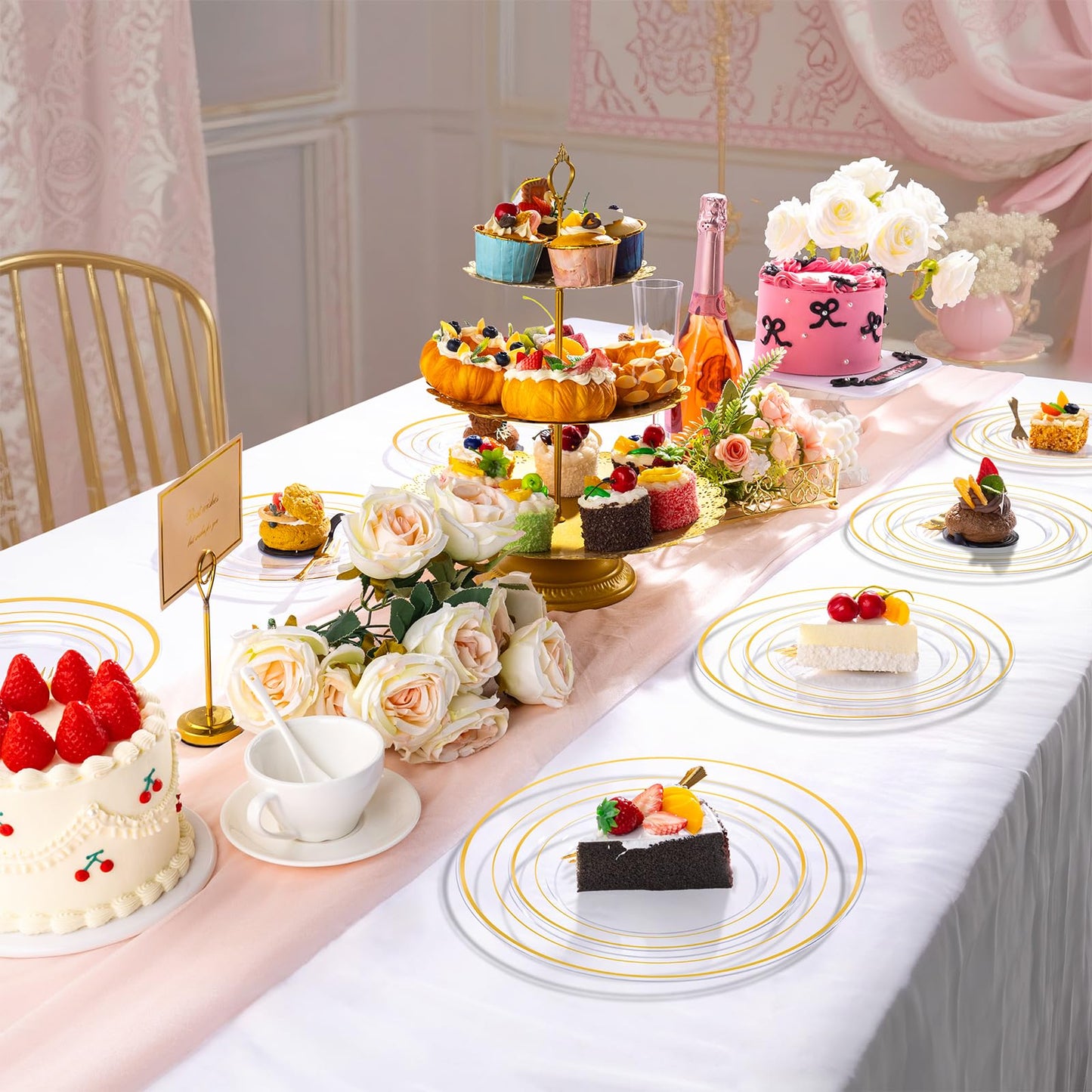 DaYammi 240Pcs Appetizer Plates Include 120Pcs Gold Dessert Plates 6.3inch with 120Pcs Gold Plastic Forks 5.7inch,Clear gold plates Disposable Salad Plate for Party Cake Plate for Wedding