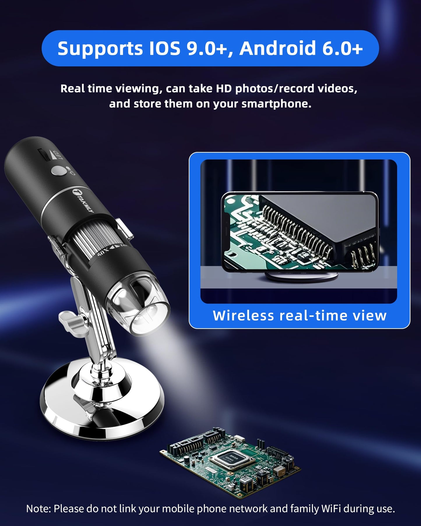T TAKMLY Wireless Digital Microscope Handheld USB HD Inspection Camera Magnifying Glass with Light, 50x-1000x Magnification with Stand Compatible with iPhone, iPad, Samsung Galaxy, Android, PC