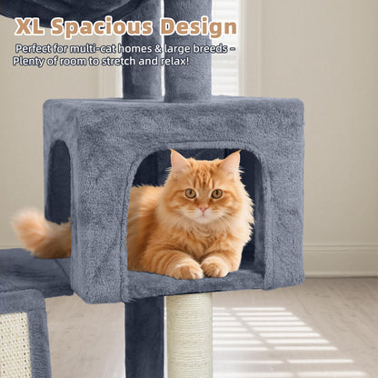 Tuaoeef Cat Tree with Cat Condo and Two Hammocks, Cat Tree with Scratching Posts and Scratching Pads, Cat Tower for Indoor Cats, Activity Centre Climbing Tree with Playful Toy Balls, Grey