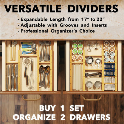 SpaceAid Bamboo Drawer Dividers with Inserts and Labels, Kitchen Adjustable Drawer Organizers, Expandable Organization for Home, Office, Dressers, 7 Dividers with 15 Inserts (17"-22" Natural)