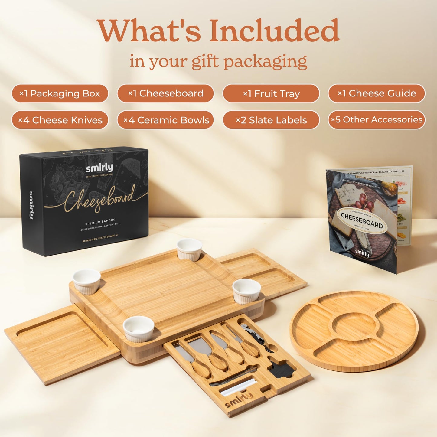 SMIRLY Charcuterie Boards Set - Large Bamboo Cheese Board Set - House Warming Gifts New Home, Wedding Gift for Couple, Bridal Shower Gift, Birthday Gifts for Women