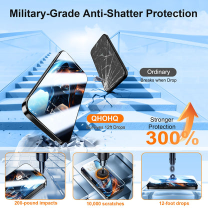 QHOHQ 3 Pack Screen Protector for iPhone 17 + One Set Camera Lens Protector, Top 9H+ Shatterproof Tempered Glass, [12FT Military Grade Protection], 1-Second Auto-Install, Case Friendly
