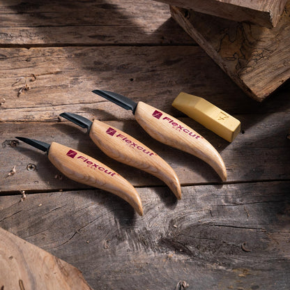 FLEXCUT Starter 3 Wood Carving Knife Set KN500, 1095 High Carbon Steel Blades and Ergonomic Ash Wood Handles for Beginners and Hobbyists