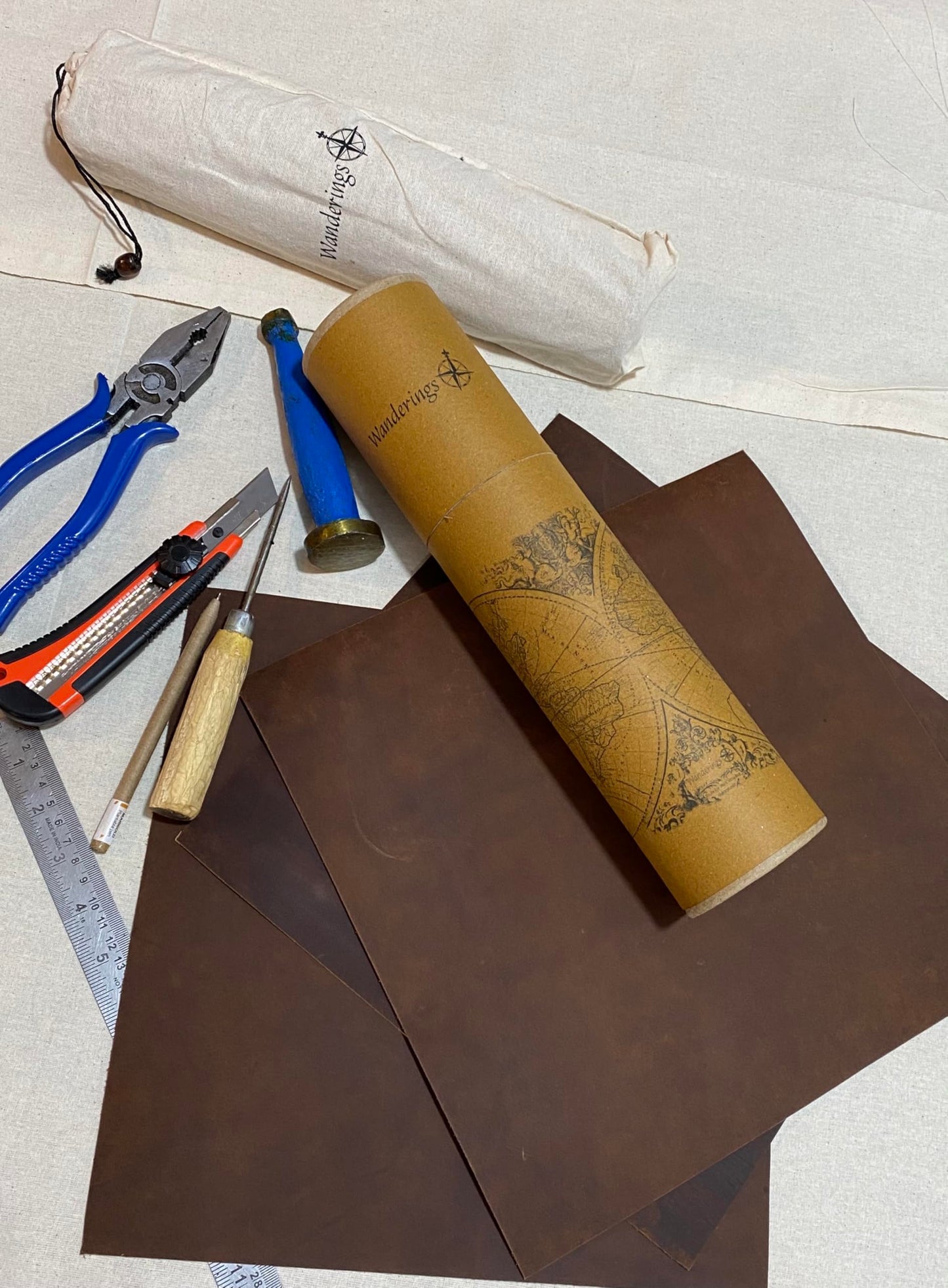 Wanderings Leather Sheets for Crafts – 3 Sheets (12x12") + Leather Cord (36") - Genuine Full Grain Buffalo Leather Squares - Great for Jewelry, Leather Wallets, Leatherworking Arts and Crafts