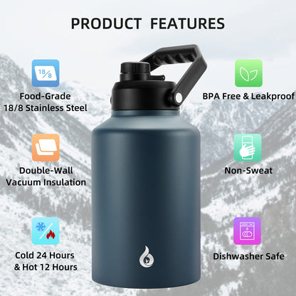 BJPKPK One Gallon(128 oz) Insulated Water Bottle, Dishwasher Safe Stainless Steel Thermo, BPA Free Jug with Ergonomic Handle & Anti-slip Bottom, Large Water Bottle, Navy Blue