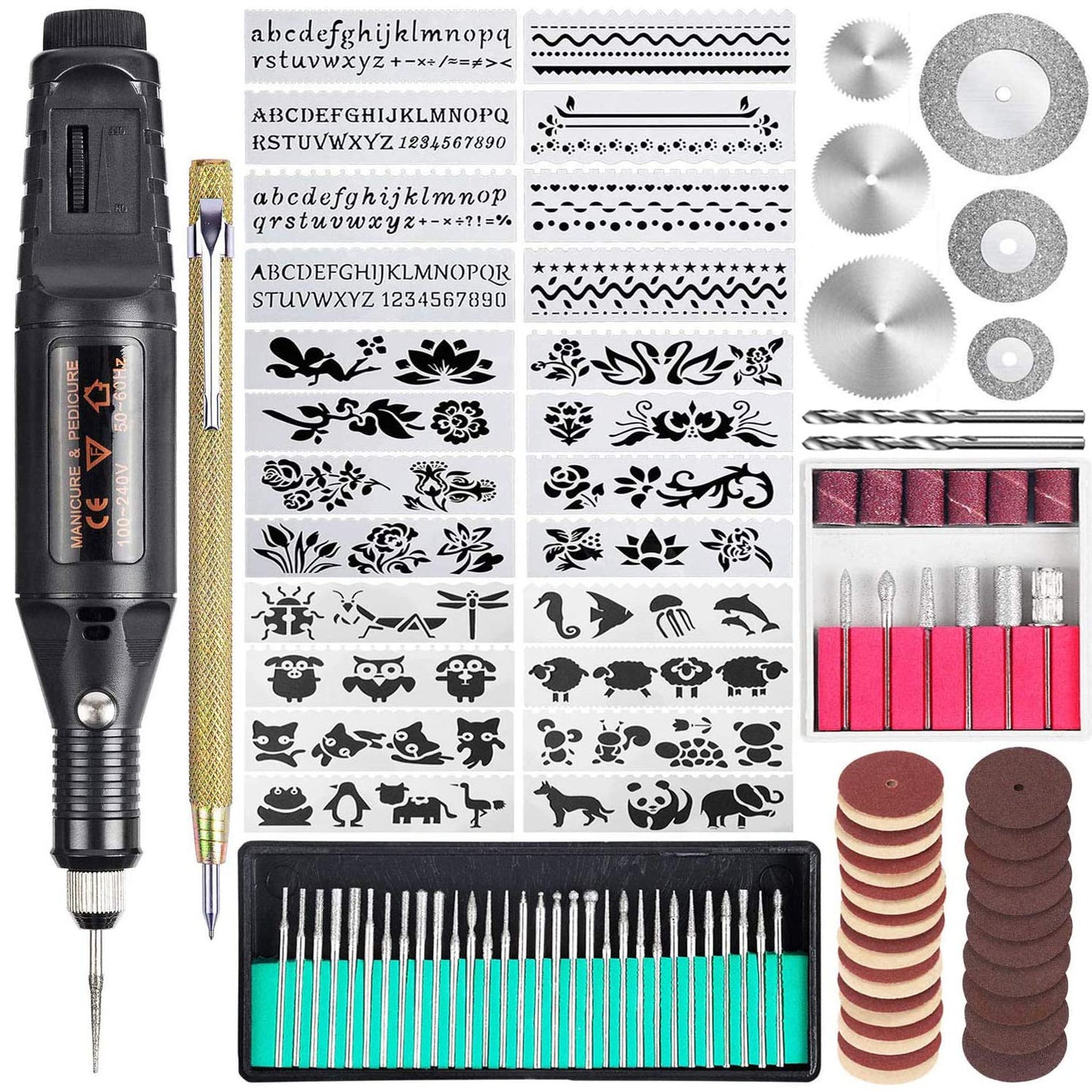 Uolor 108 Pcs Engraving Tool Kit, Multi-Functional Electric Corded Micro Engraver Etching Pen DIY Rotary Tool for Jewelry Glass Wood Metal Plastic with Scriber, 82 Accessories and 24 Stencils - Black