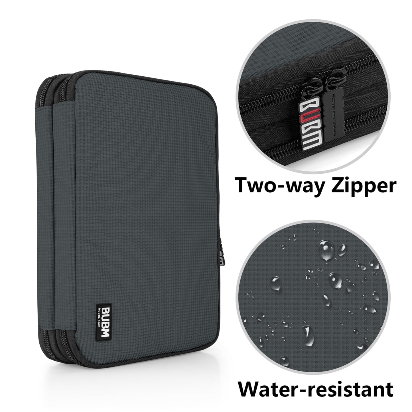 BUBM Double Layer Electronic Accessories Organizer, Travel Gear Bag for Cables, USB Flash Drive, Plug and More, Perfect Size Fits for iPad mini (Medium, Gray)