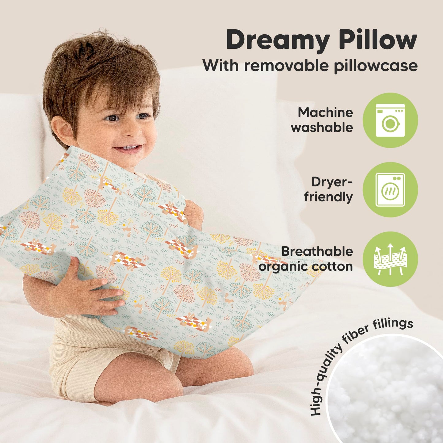 Toddler Pillow with Pillowcase - 13x18 My Little Dreamy Kids Travel Bed Pillows for Sleeping, Organic Cotton Small Pillowcase, Soft & Breathable, Machine Washable, Toddlers 2-5 years old (Wild Picnic)