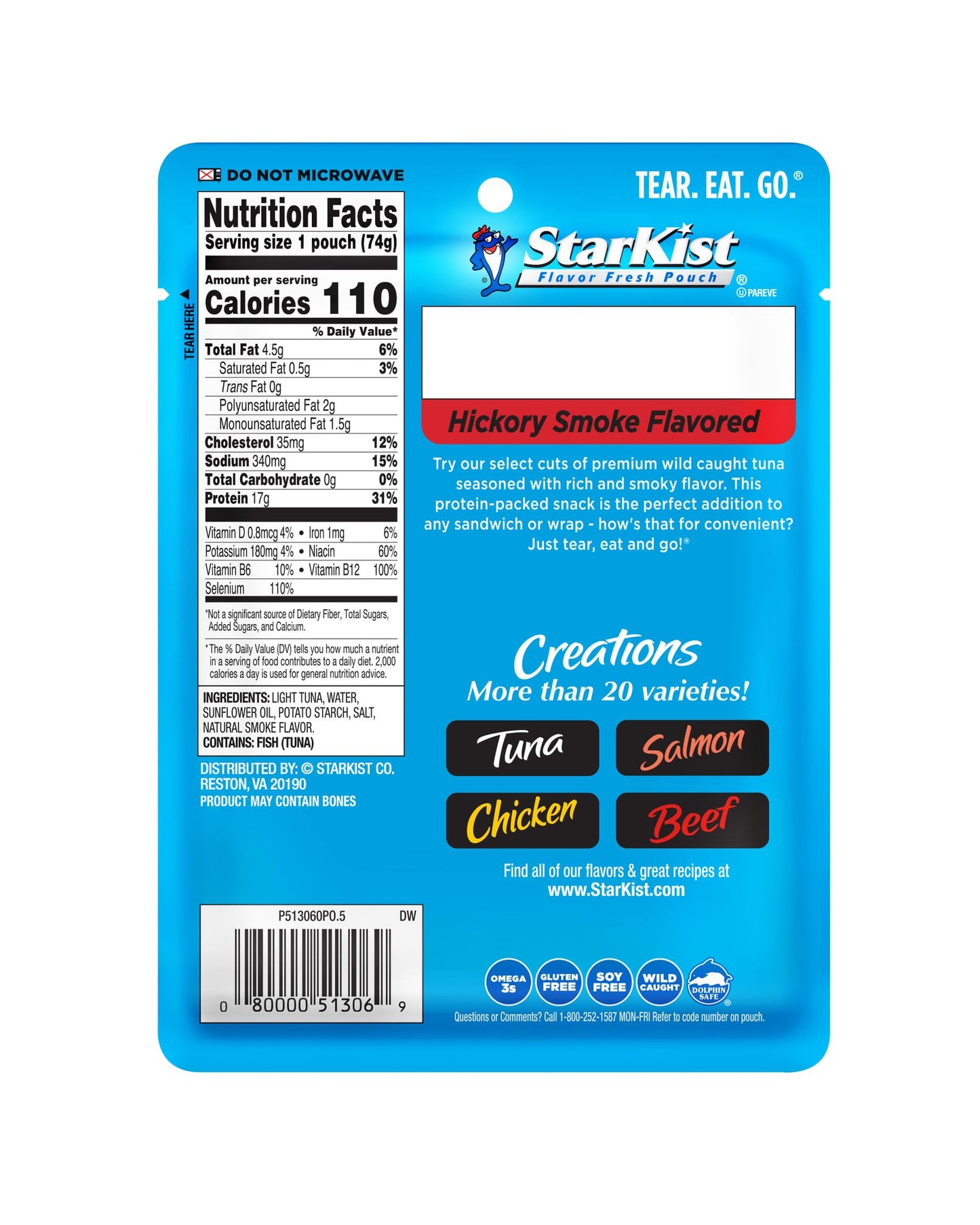 StarKist Tuna Creations Hickory Smoked, 2.6 oz Pouch (12 Pack) Ready to Eat Wild Caught Tuna, g Protein, Calories Per Serving, Gluten Free, Soy Free, Kosher, Perfect for Salads, Keto Meals and Snacks