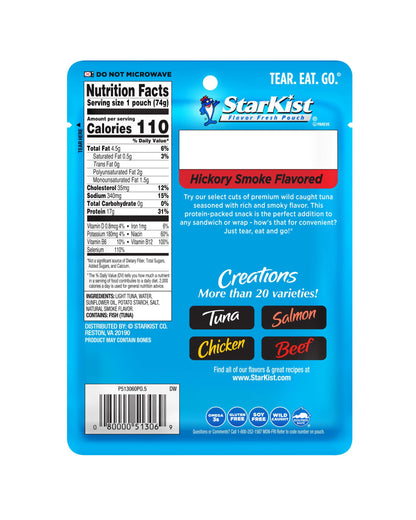 StarKist Tuna Creations Hickory Smoked, 2.6 oz Pouch (12 Pack) Ready to Eat Wild Caught Tuna, g Protein, Calories Per Serving, Gluten Free, Soy Free, Kosher, Perfect for Salads, Keto Meals and Snacks