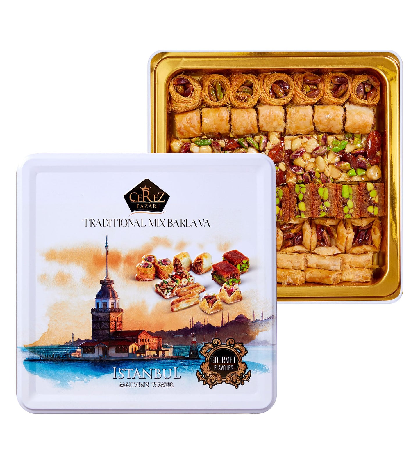 Cerez Pazari Baklava Pastry Gift Set - Turkish Baklava Pastry With Nuts & Spices - Baklava Gift Box From Turkey - Pastry, Halal Snacks - Assorted 45-48 Pieces Per Metal Dessert Box - 1.32 lbs