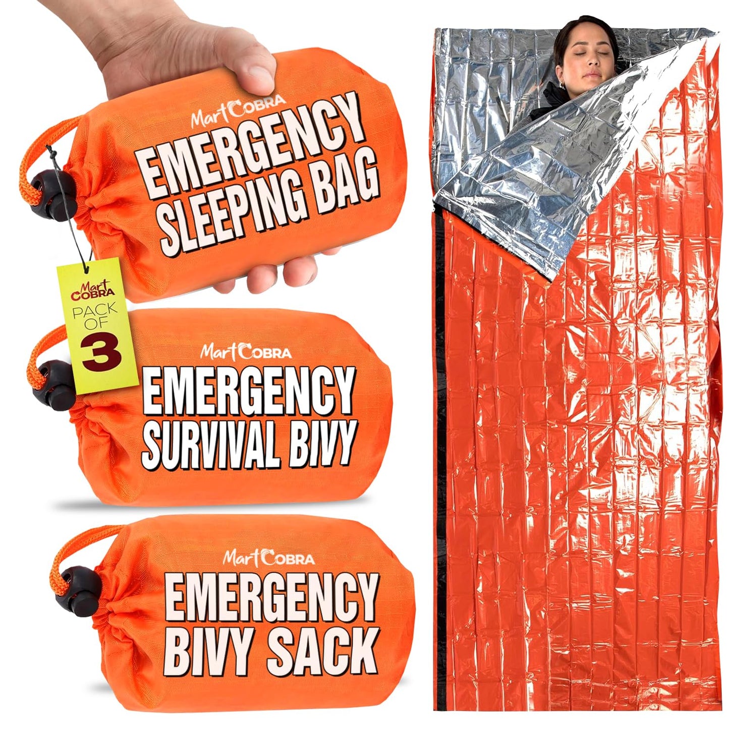 Emergency Sleeping Bag 3 Pack | for Survival Gear and Supplies Life Bivy Sack Waterproof Mylar Emergency Blankets for Survival Kit Car Camping Gear Hiking Tac Bivvy Go Bag Supplies Sleep Sacks Shelter