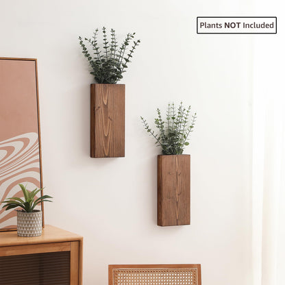 Wood Wall Planter Set of 2, Wall Pocket for Greenery and Dried Flowers, Indoor Wood Hanging Vase, Modern Farmhouse Wall Decor for Living Room Bedroom Office Eucalyptus Stems Decorations (Walnut)