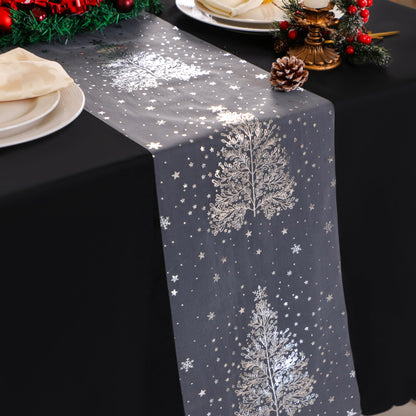Snowkingdom Silver Christmas Tree Table Runner Xmas Winter Snowflakes 120 Inch Sparkly Glitter Mesh Runners Kitchen Dining Table Decorations for Seasonal Festival Holiday Indoor Outdoor Home Party