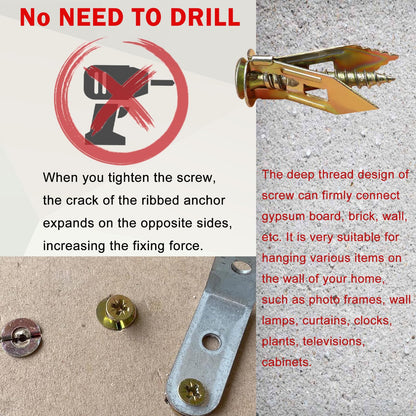 Sunxeke 200 Pcs Self Drilling Drywall Anchors with Screws,100 Sheetrock Anchors (0.47x1.18 Inch) & 100 Zinc Expansion Screws,2025 Upgraded Zinc Plated Steel,No Drill Needed,Perfect for Wall Hanging