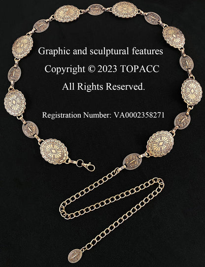 TOPACC Gold Metal Oval Concho Chain Belts for Women Western Cowgirl Belt for Dresses Jeans Country Concert Outfit