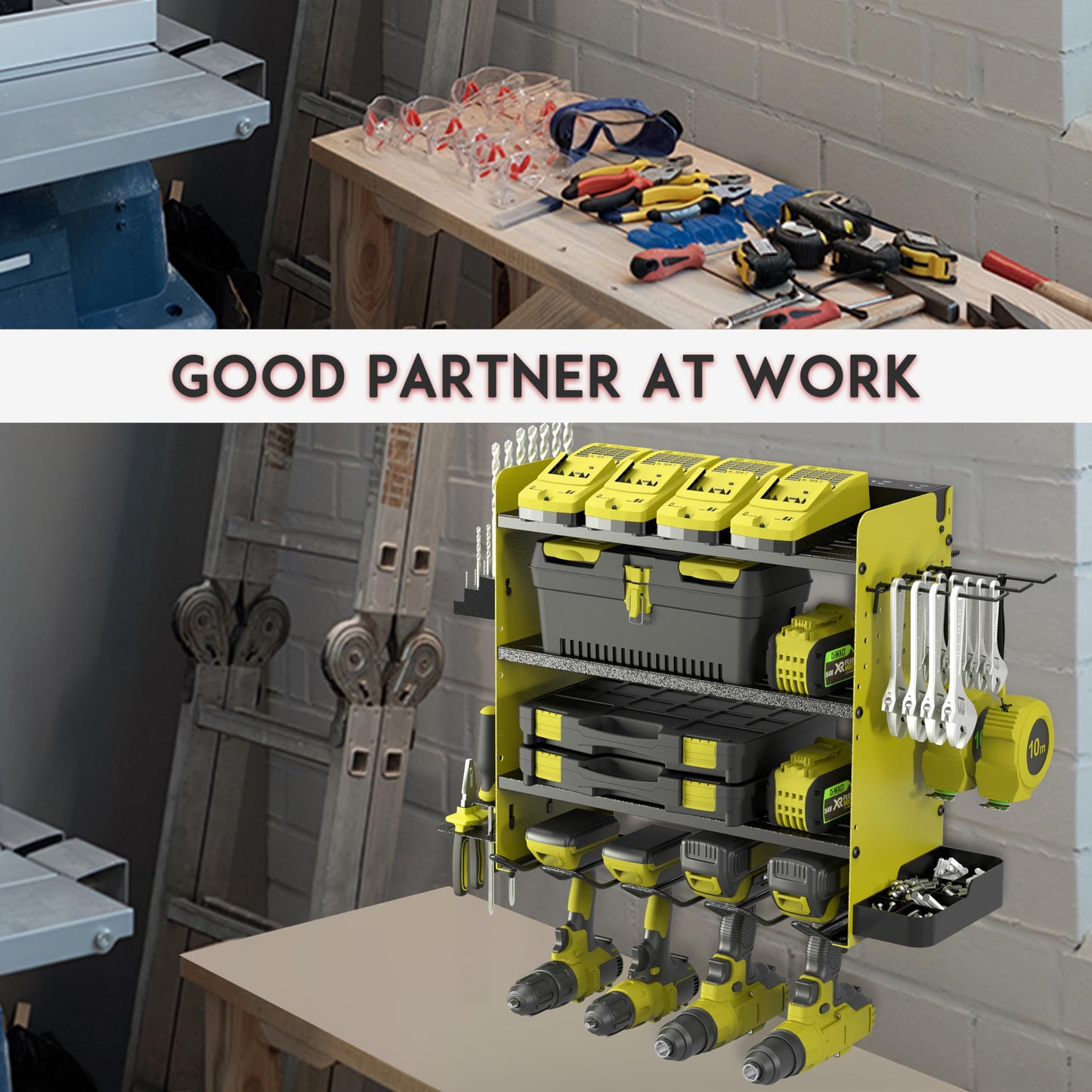 ZEAKOC Power Tool Organizer with Charging Station, 4 Layers Drill Holder Wall Mount,Metal Garage Rack with 10A Power Strip,Tool Shelves with Hooks,Drill Bit Storage, for Men Dad (Green&Black)