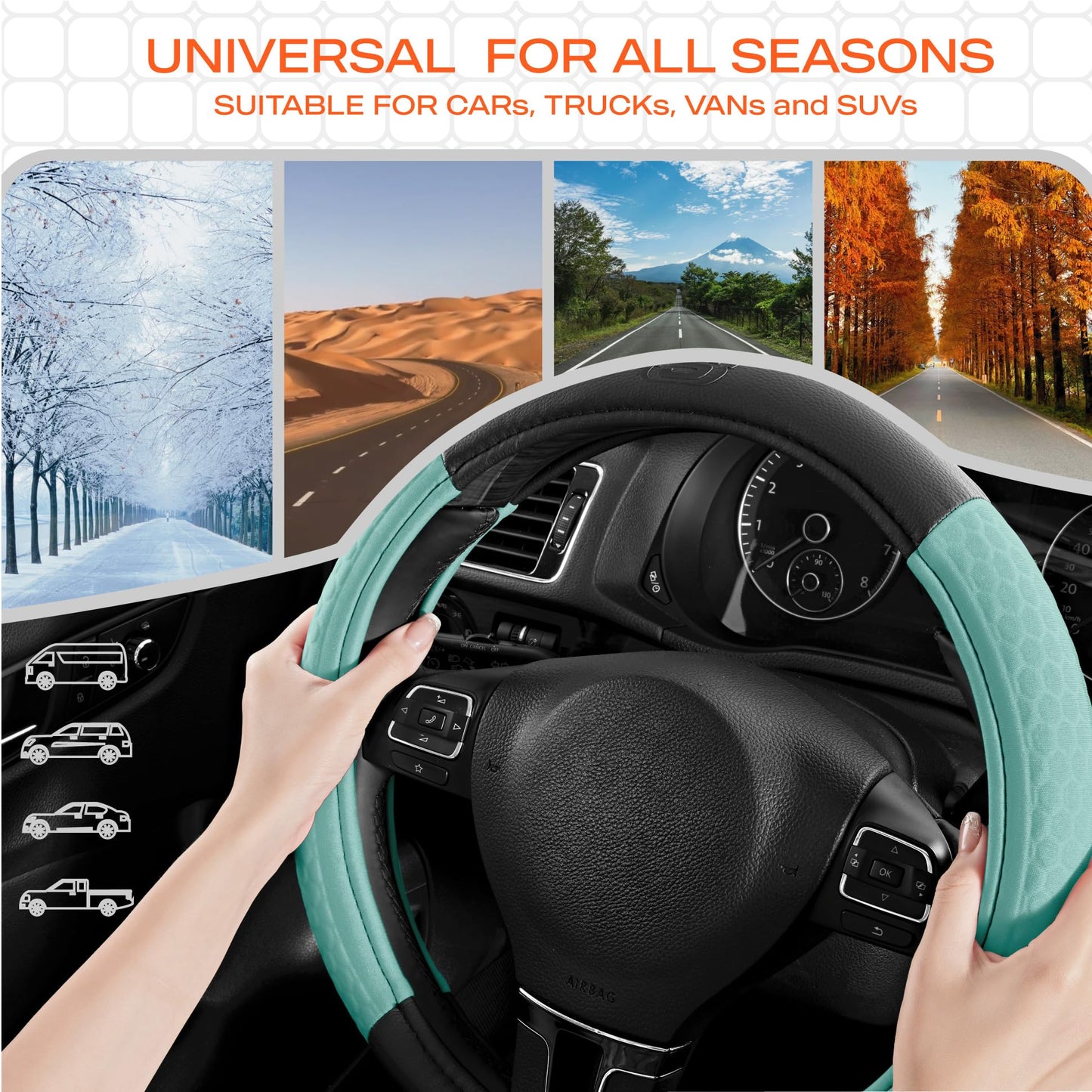 Skechers Steering Wheel Cover,Leather Steering Wheel Cover Hexcomb Design Embedded TPE Steering Wheel Universal Fit 14" 1/2-15" Car Wheel Protector for Men Women Fit Suvs,Vans,Sedans,Car,Trucks,Mint