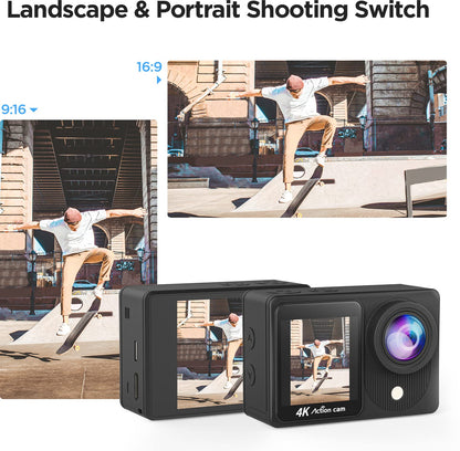 TIMNUT 4K Action Camera Touchscreen - Dual Screen Ultra HD EIS WiFi Sports Camcorder, 40M Waterproof, 170 Wide Angle Vlog Camera, 20MP Underwater with Remote Control and 2 Batteries