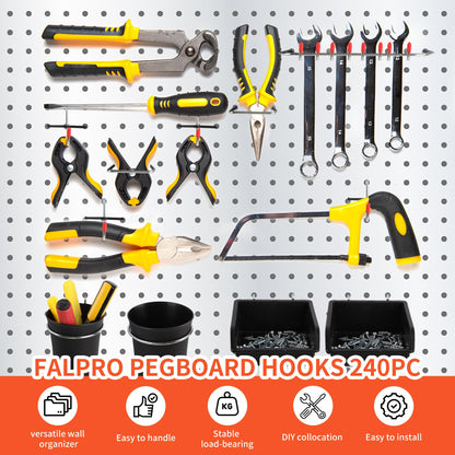 FALPRO 240PCS Pegboard Hooks Assortment, Pegboard Organizer Kit with Bins, Cups, 1/8 and 1/4 inch Hooks for Hanging Tools, Garage Wall Organization
