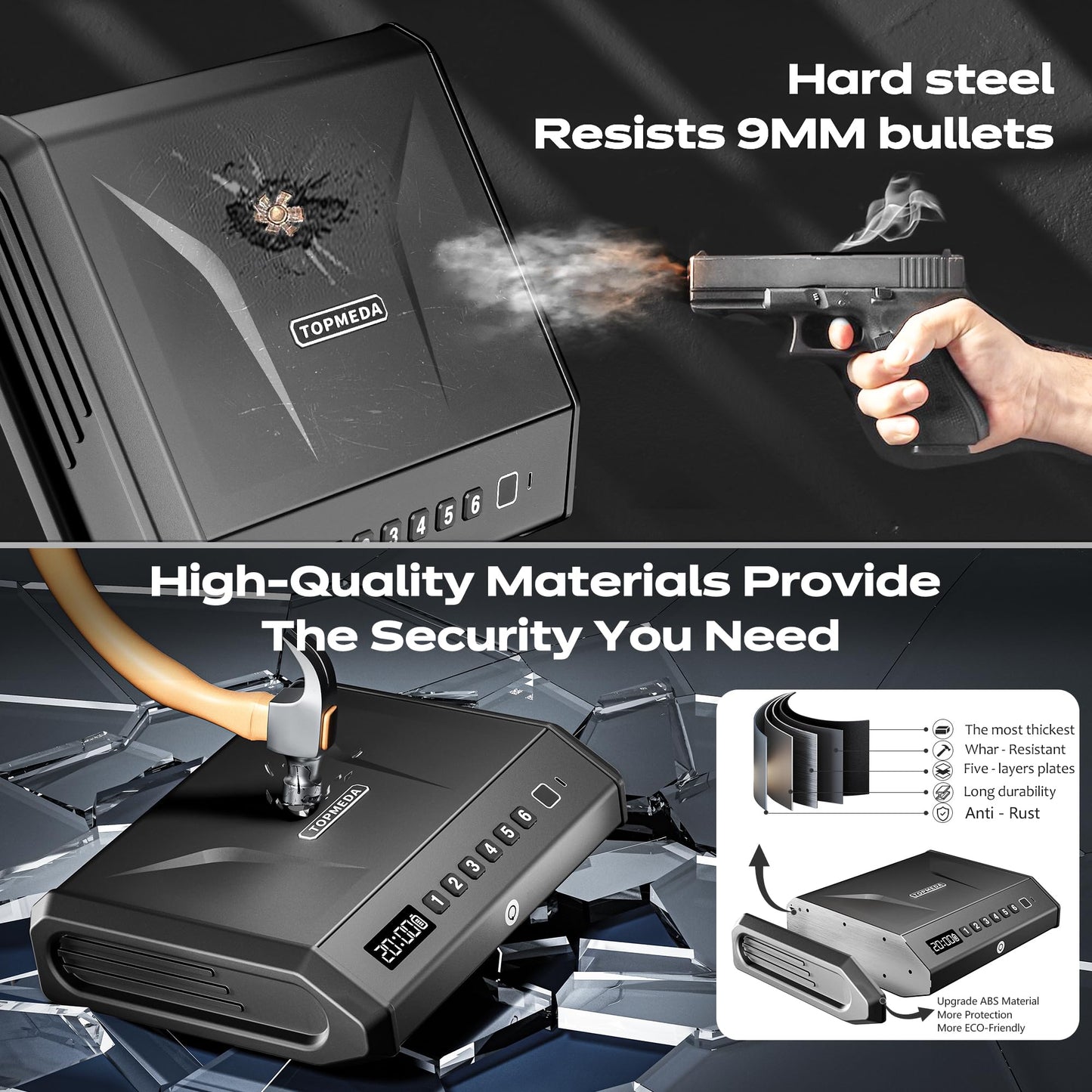 Biometric Gun Safe - 100 Fingerprints, 3-Ways Unlock Large Handgun Lock Box fits 4 Pistols, Silent Mode & Emergency Power for Home Nightstand & Car TOPMEDA