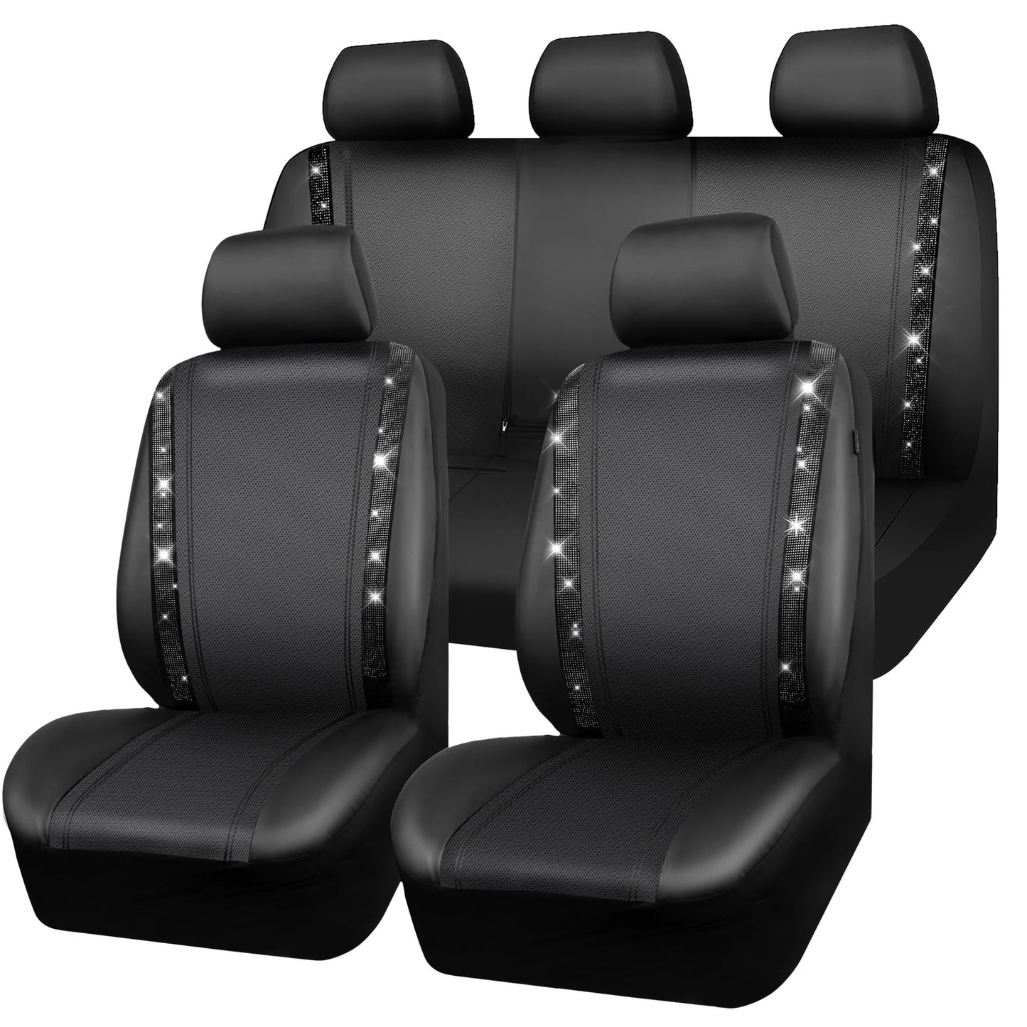 CAR PASS Leather Bling Diamond Car Seat Covers Full Set, Shining Rhinestone Waterproof Durable Rear with Zipper, Universal Fit Automotive Glitter Crystal Sparkle Strip for Cute Women Girly Black