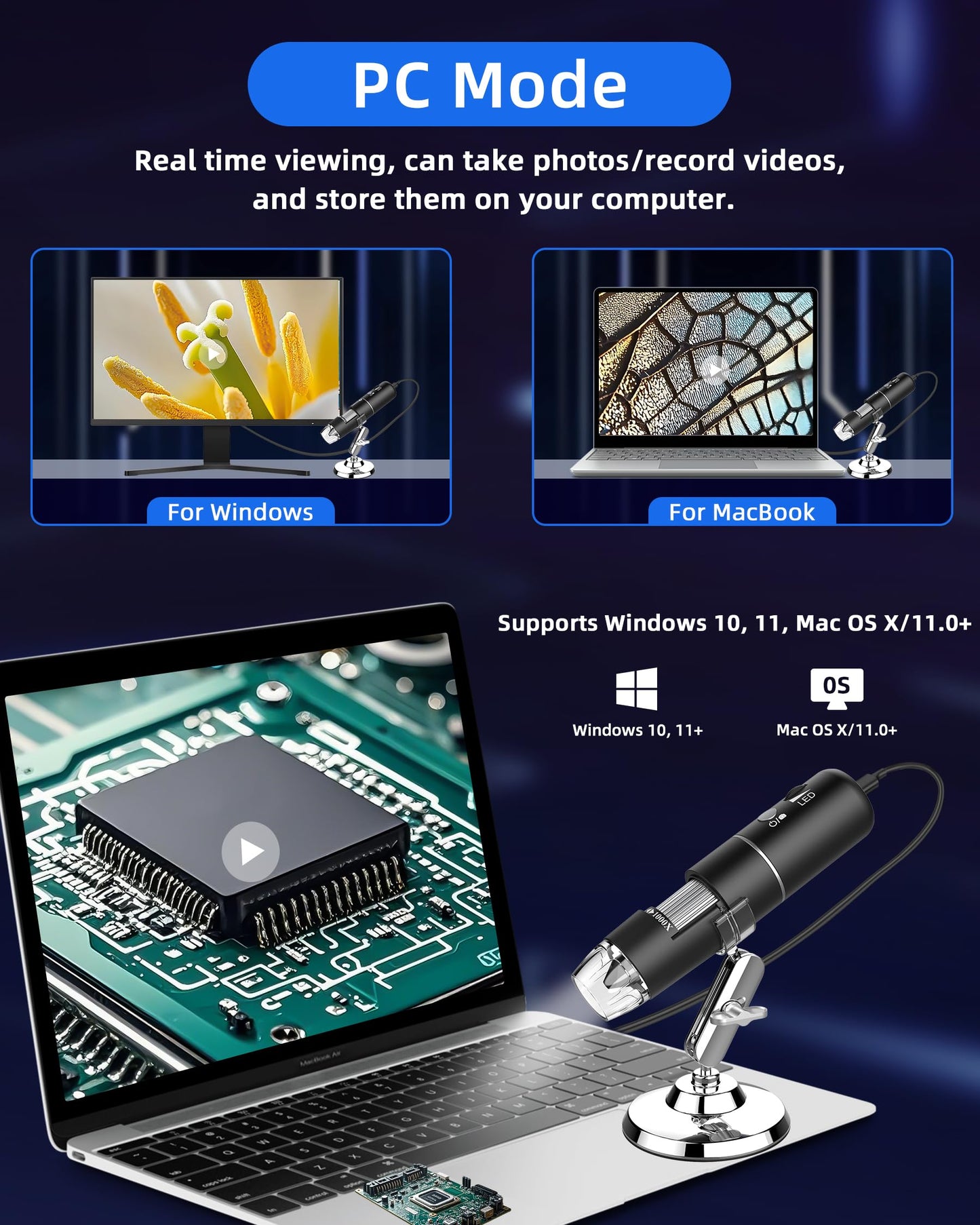 T TAKMLY Wireless Digital Microscope Handheld USB HD Inspection Camera Magnifying Glass with Light, 50x-1000x Magnification with Stand Compatible with iPhone, iPad, Samsung Galaxy, Android, PC