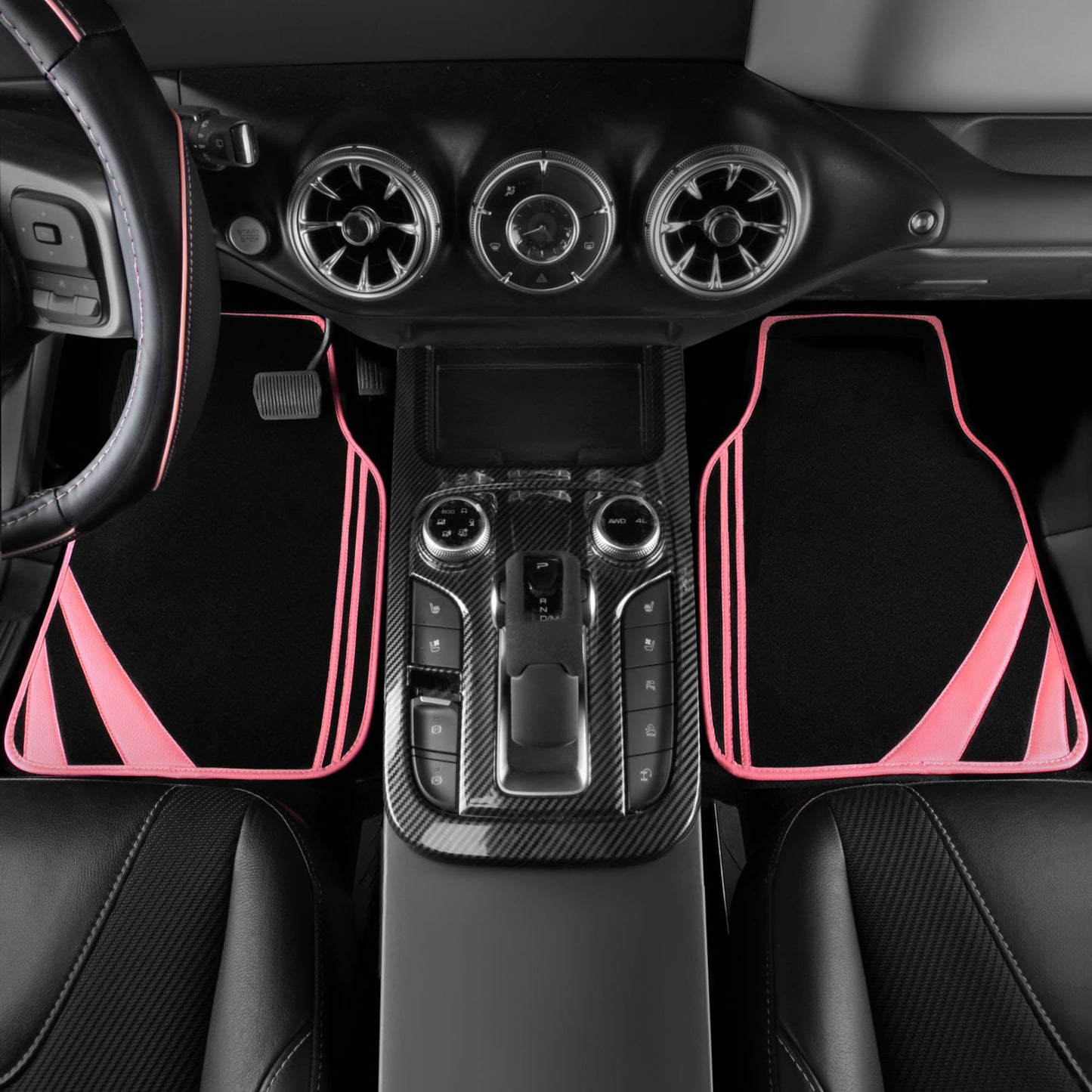 CAR PASS Car Seat Covers Full Set for Women Girls with Waterproof Car Floor Mats,Anti-Slip Leather Steering Wheel Cover,Universal Fit for SUVs,Vans,Trucks,Sedans,Cars (Combo Set,Black & Pink)