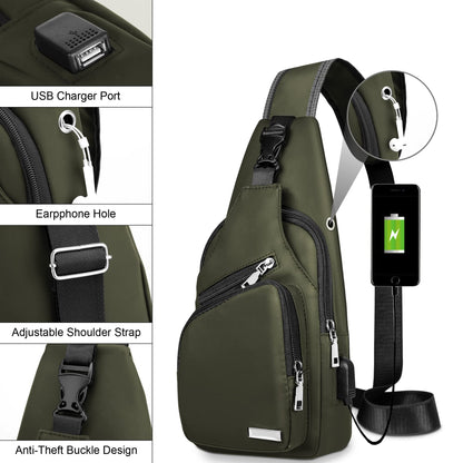 Waterproof Sling Bag Crossbody Backpack for Men Women Sling Backpack Hiking Daypack Multipurpose Cross Body Chest Bag with USB Charger Hole & Headphone Hole for Outdoor Walking Travel(ArmyGreen)