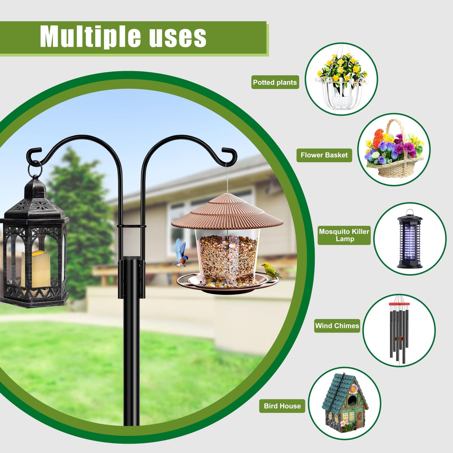 XDW-GIFTS Double Shepherds Hooks for Outdoor, 2-Pack Heavy Duty Garden Pole for Hanging Bird Feeder, Plant Baskets, Solar Light Lanterns, Garden Plant Hanger Stands with 5 Base Prongs