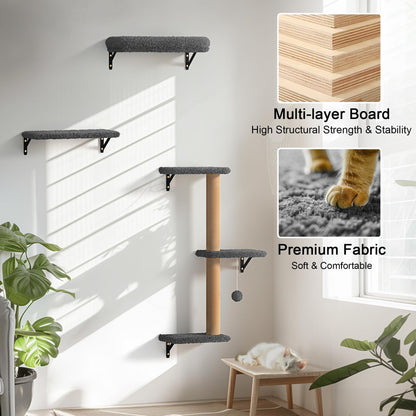 FUKUMARU Cat Wall Shelves, Stable & Safe 4 in 1 Cat Furniture Set, Wooden Climbing Wall with Scratching Post for 16 Inch Drywall - Gray