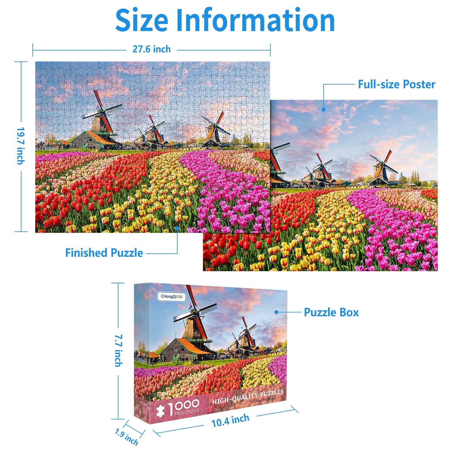 1000 Piece Puzzle for Adults Dutch Windmill Puzzle 1000 Piece Tulip Fields Puzzles Tulips Flowers Jigsaw Puzzles 1000 Pieces Holland Spectacular Flower Fields Landscape Puzzles